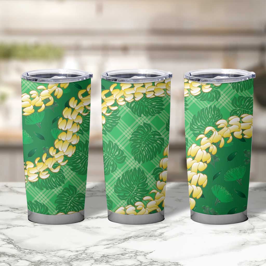 Green Palaka Hawaii Mele Kalikimaka Tumbler Cup Ohia Lehua Monstera Puakenikeni Lei LT14 - Polynesian Pride