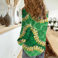 Green Palaka Hawaii Mele Kalikimaka Women Casual Shirt Ohia Lehua Monstera Puakenikeni Lei LT14 - Polynesian Pride
