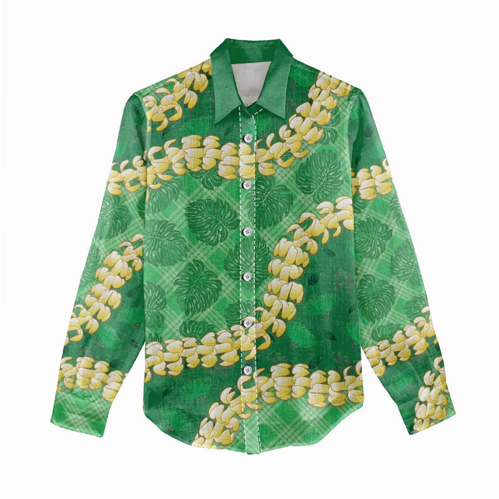 Green Palaka Hawaii Mele Kalikimaka Women Casual Shirt Ohia Lehua Monstera Puakenikeni Lei LT14 - Polynesian Pride