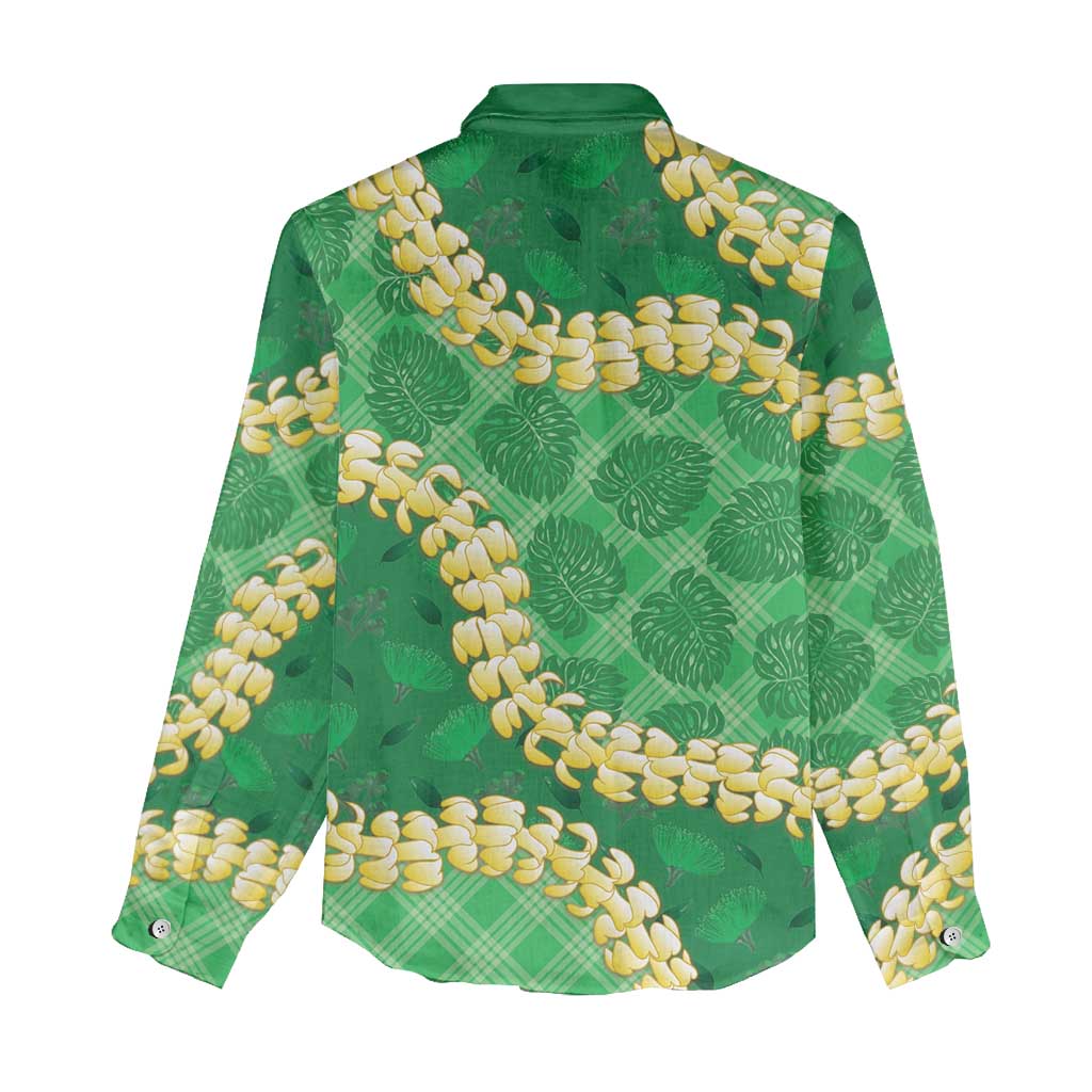 Green Palaka Hawaii Mele Kalikimaka Women Casual Shirt Ohia Lehua Monstera Puakenikeni Lei LT14 - Polynesian Pride