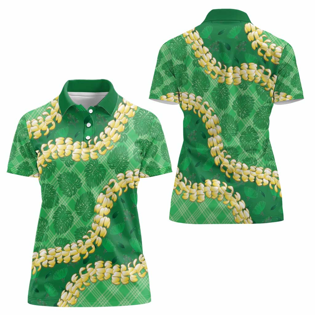 Green Palaka Hawaii Mele Kalikimaka Women Polo Shirt Ohia Lehua Monstera Puakenikeni Lei LT14 - Polynesian Pride