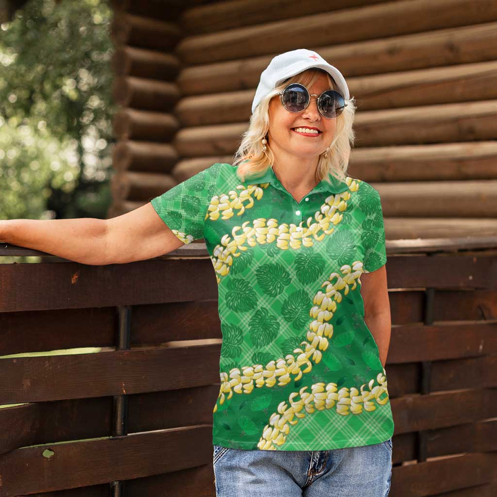 Green Palaka Hawaii Mele Kalikimaka Women Polo Shirt Ohia Lehua Monstera Puakenikeni Lei LT14 - Polynesian Pride