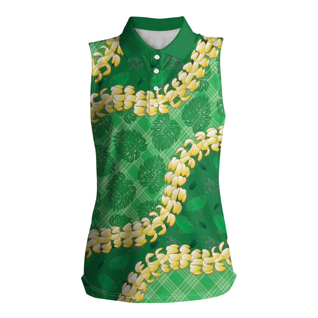 Green Palaka Hawaii Mele Kalikimaka Women Sleeveless Polo Shirt Ohia Lehua Monstera Puakenikeni Lei LT14 Female Green - Polynesian Pride