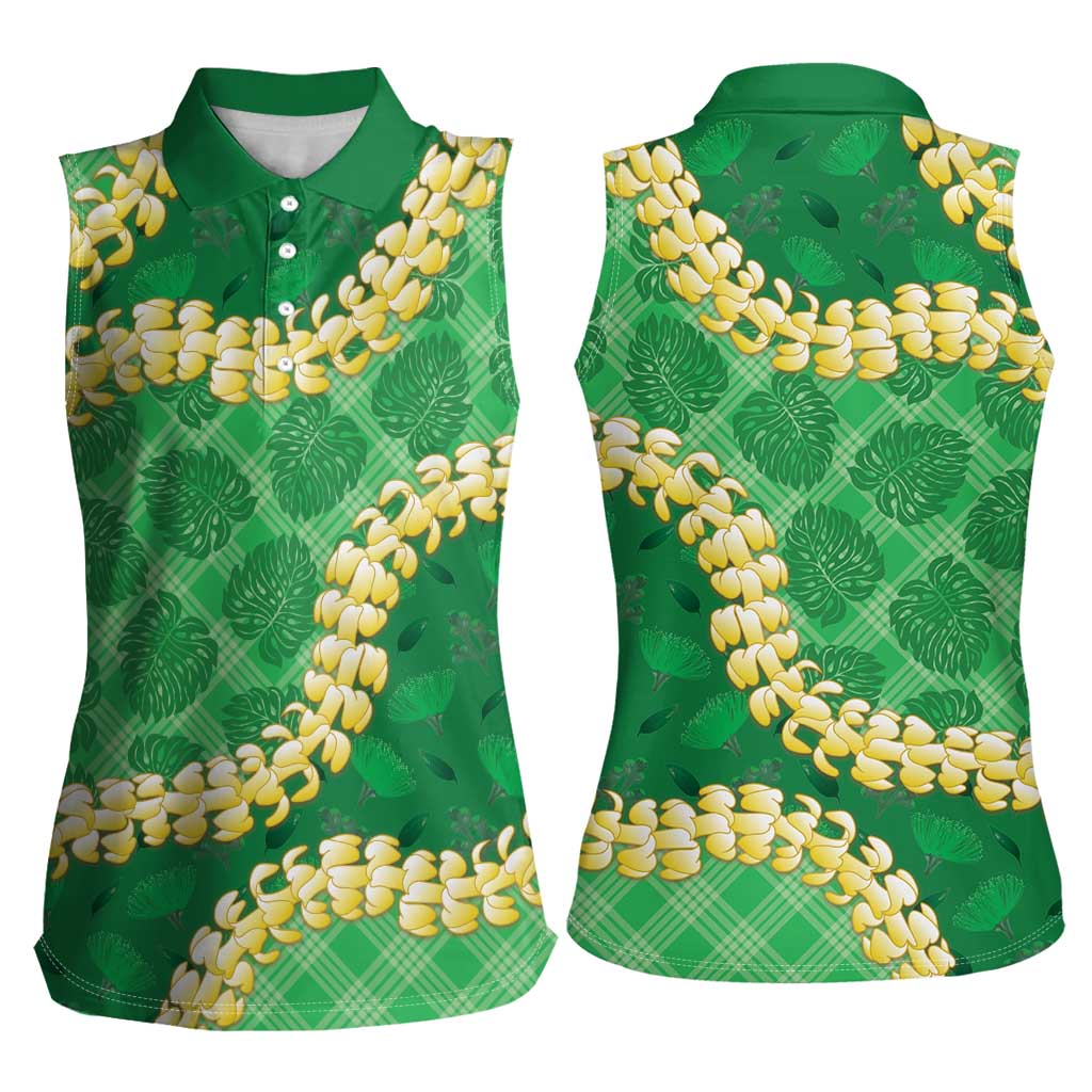 Green Palaka Hawaii Mele Kalikimaka Women Sleeveless Polo Shirt Ohia Lehua Monstera Puakenikeni Lei LT14 - Polynesian Pride