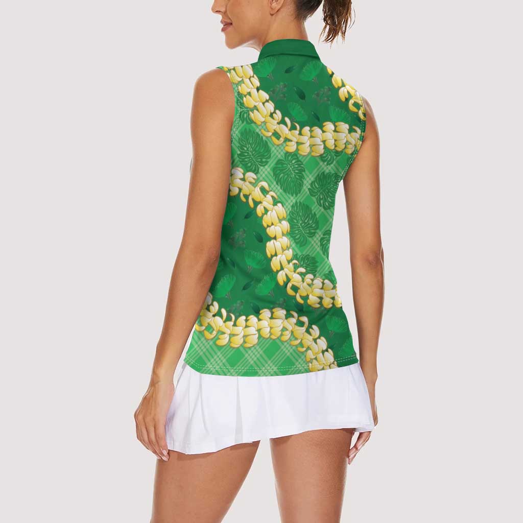 Green Palaka Hawaii Mele Kalikimaka Women Sleeveless Polo Shirt Ohia Lehua Monstera Puakenikeni Lei LT14 - Polynesian Pride