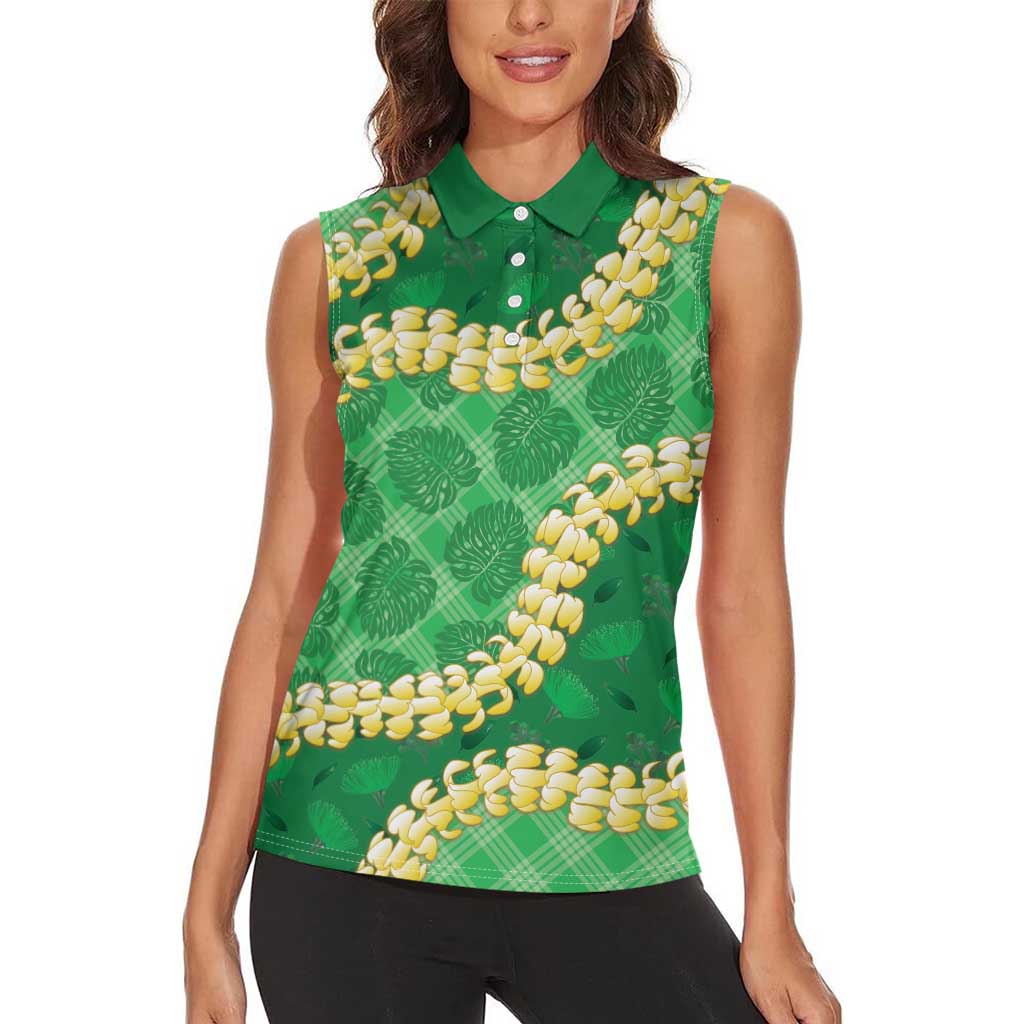 Green Palaka Hawaii Mele Kalikimaka Women Sleeveless Polo Shirt Ohia Lehua Monstera Puakenikeni Lei LT14 - Polynesian Pride