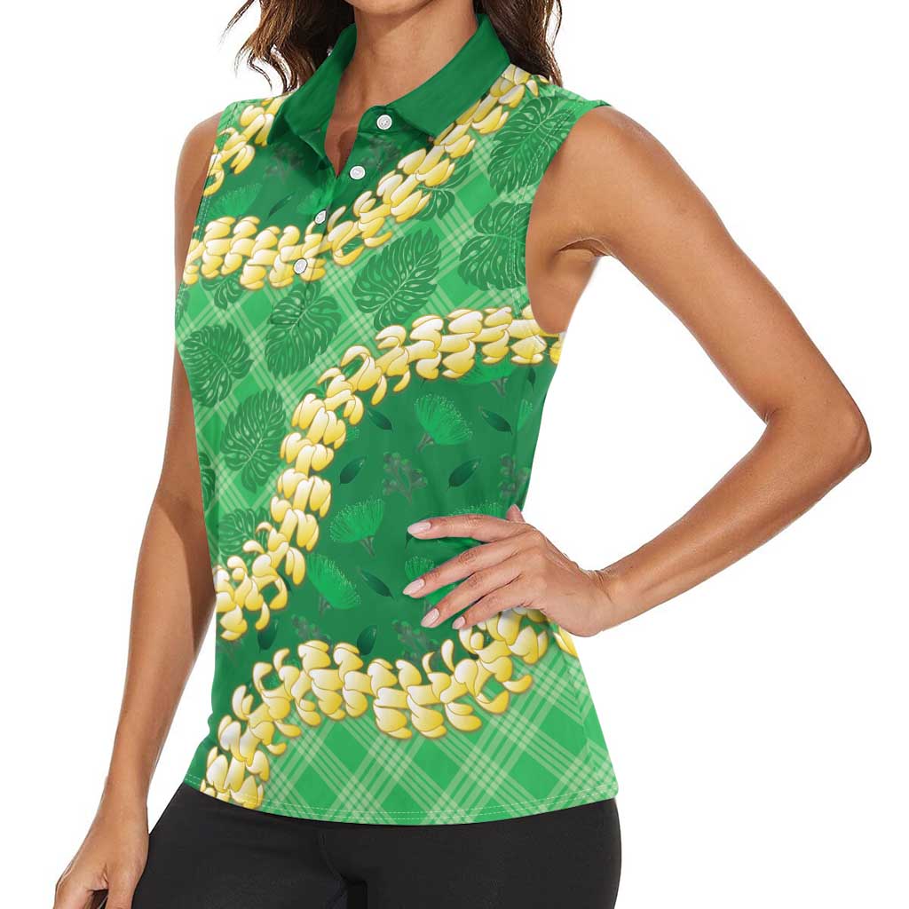 Green Palaka Hawaii Mele Kalikimaka Women Sleeveless Polo Shirt Ohia Lehua Monstera Puakenikeni Lei LT14 - Polynesian Pride