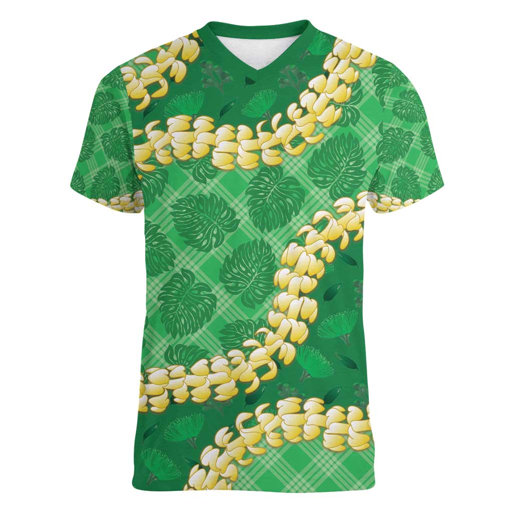 Green Palaka Hawaii Mele Kalikimaka Women V-Neck T-Shirt Ohia Lehua Monstera Puakenikeni Lei - Polynesian Pride