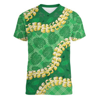 Green Palaka Hawaii Mele Kalikimaka Women V-Neck T-Shirt Ohia Lehua Monstera Puakenikeni Lei LT14 Female Green - Polynesian Pride