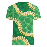 Green Palaka Hawaii Mele Kalikimaka Women V-Neck T-Shirt Ohia Lehua Monstera Puakenikeni Lei LT14 - Polynesian Pride