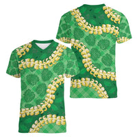 Green Palaka Hawaii Mele Kalikimaka Women V-Neck T-Shirt Ohia Lehua Monstera Puakenikeni Lei LT14 - Polynesian Pride