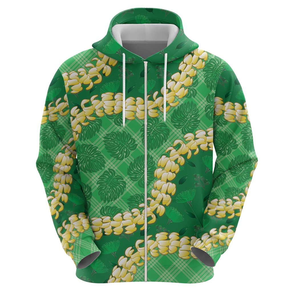 Green Palaka Hawaii Mele Kalikimaka Zip Hoodie Ohia Lehua Monstera Puakenikeni Lei LT14 - Polynesian Pride