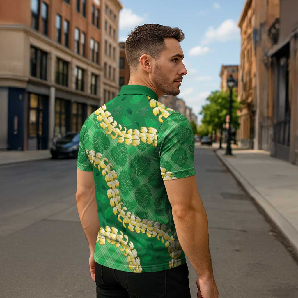 Green Palaka Hawaii Mele Kalikimaka Zipper Polo Shirt Ohia Lehua Monstera Puakenikeni Lei LT14 - Polynesian Pride