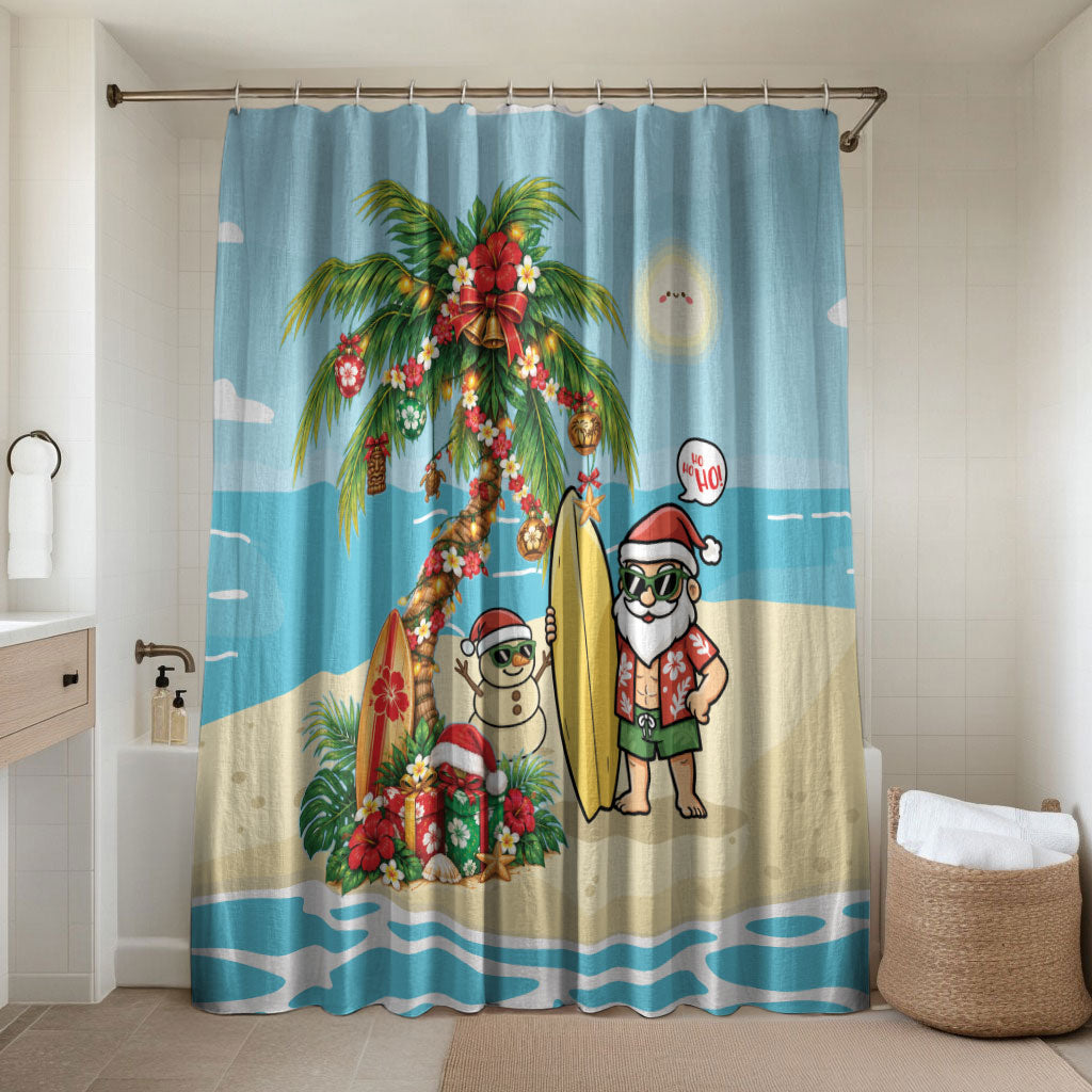 Hawaii Christmas Mele Kalikimaka Bathroom Set Festive Palm Chilling Santa With Surfboard LT14 Shower Curtain Only Blue - Polynesian Pride