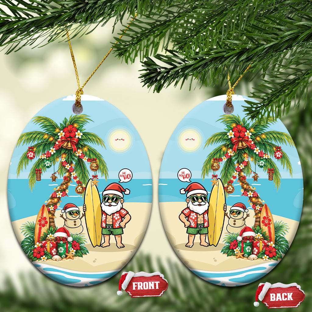 Hawaii Christmas Mele Kalikimaka Ceramic Ornament Festive Palm Chilling Santa With Surfboard LT14 Oval Blue - Polynesian Pride