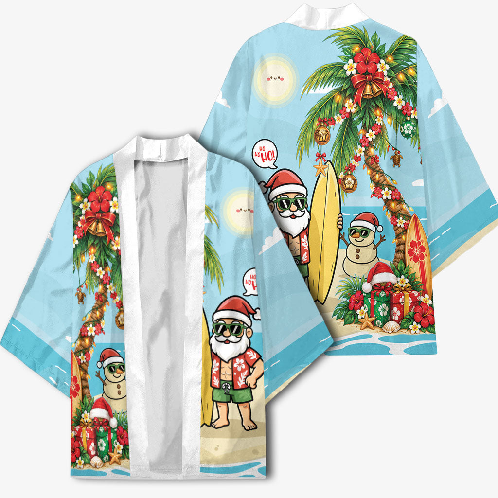 Hawaii Christmas Mele Kalikimaka Kimono Festive Palm Chilling Santa With Surfboard LT14 - Polynesian Pride