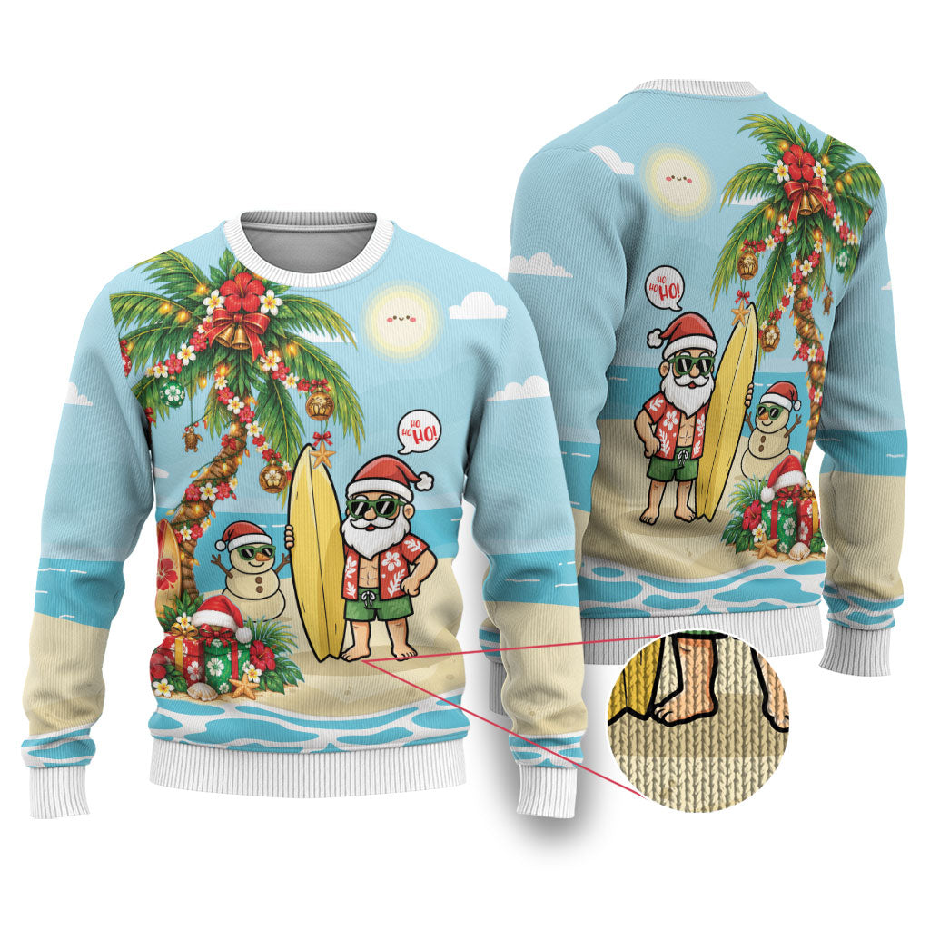 Hawaii Christmas Mele Kalikimaka Ugly Christmas Sweater Festive Palm Chilling Santa With Surfboard
