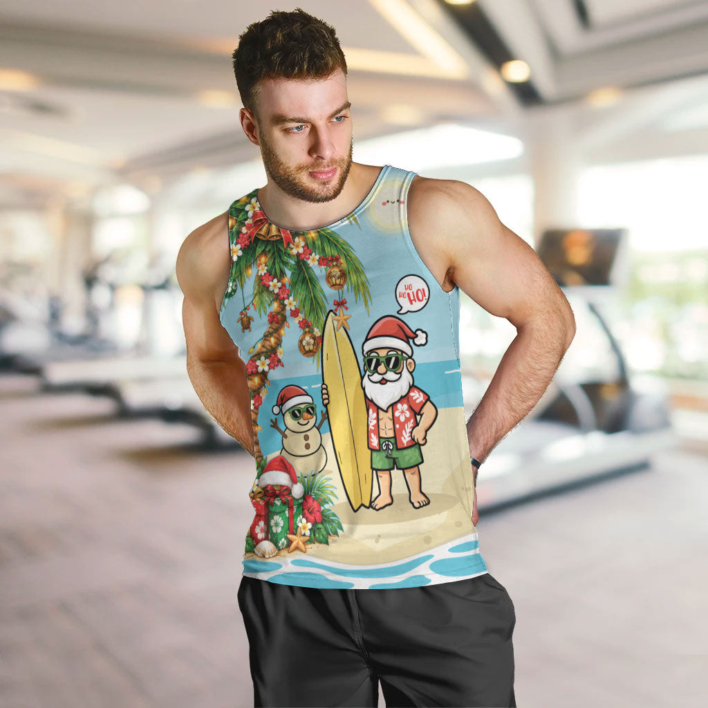 Hawaii Christmas Mele Kalikimaka Men Tank Top Festive Palm Chilling Santa With Surfboard LT14 Blue - Polynesian Pride