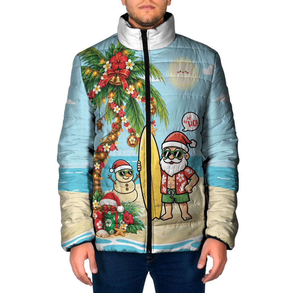 Hawaii Christmas Mele Kalikimaka Padded Jacket Festive Palm Chilling Santa With Surfboard LT14 Men Blue - Polynesian Pride