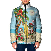 Hawaii Christmas Mele Kalikimaka Padded Jacket Festive Palm Chilling Santa With Surfboard LT14 Men Blue - Polynesian Pride