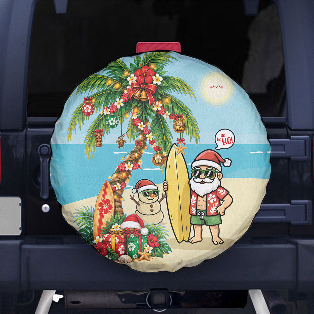 Hawaii Christmas Mele Kalikimaka Spare Tire Cover Festive Palm Chilling Santa With Surfboard LT14 No hole Blue - Polynesian Pride