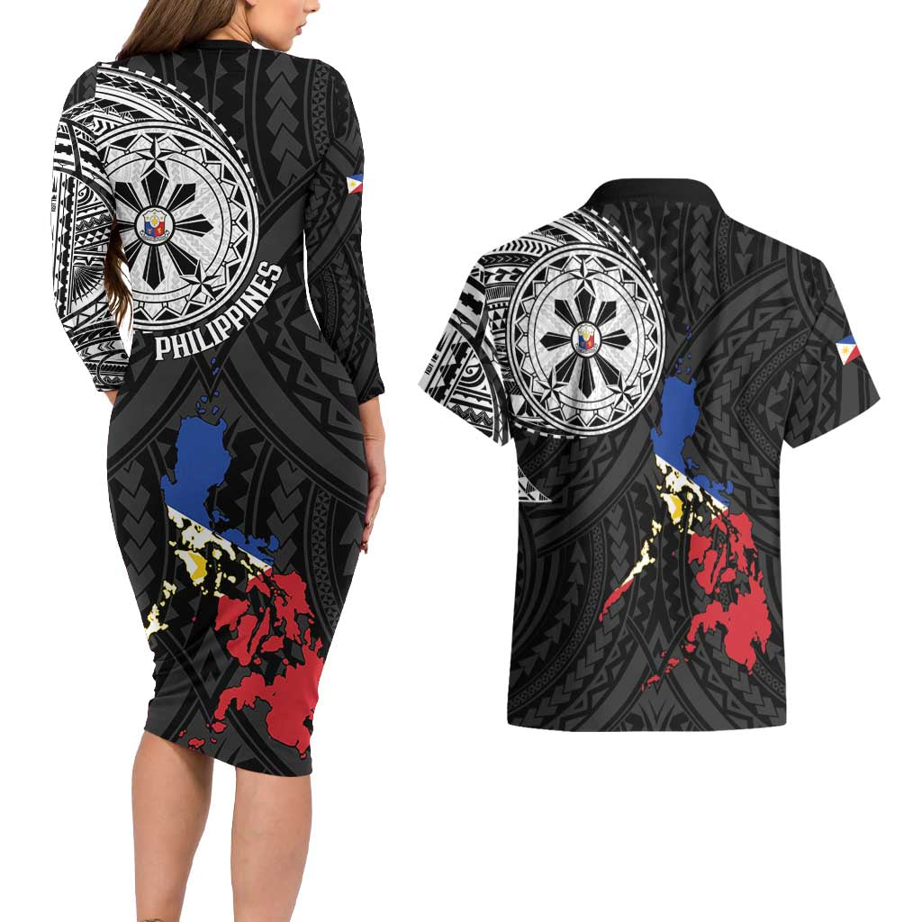Philippines Strong Couples Matching Long Sleeve Bodycon Dress and Hawaiian Shirt Filipino Map Polynesian Tattoo - Polynesian Pride