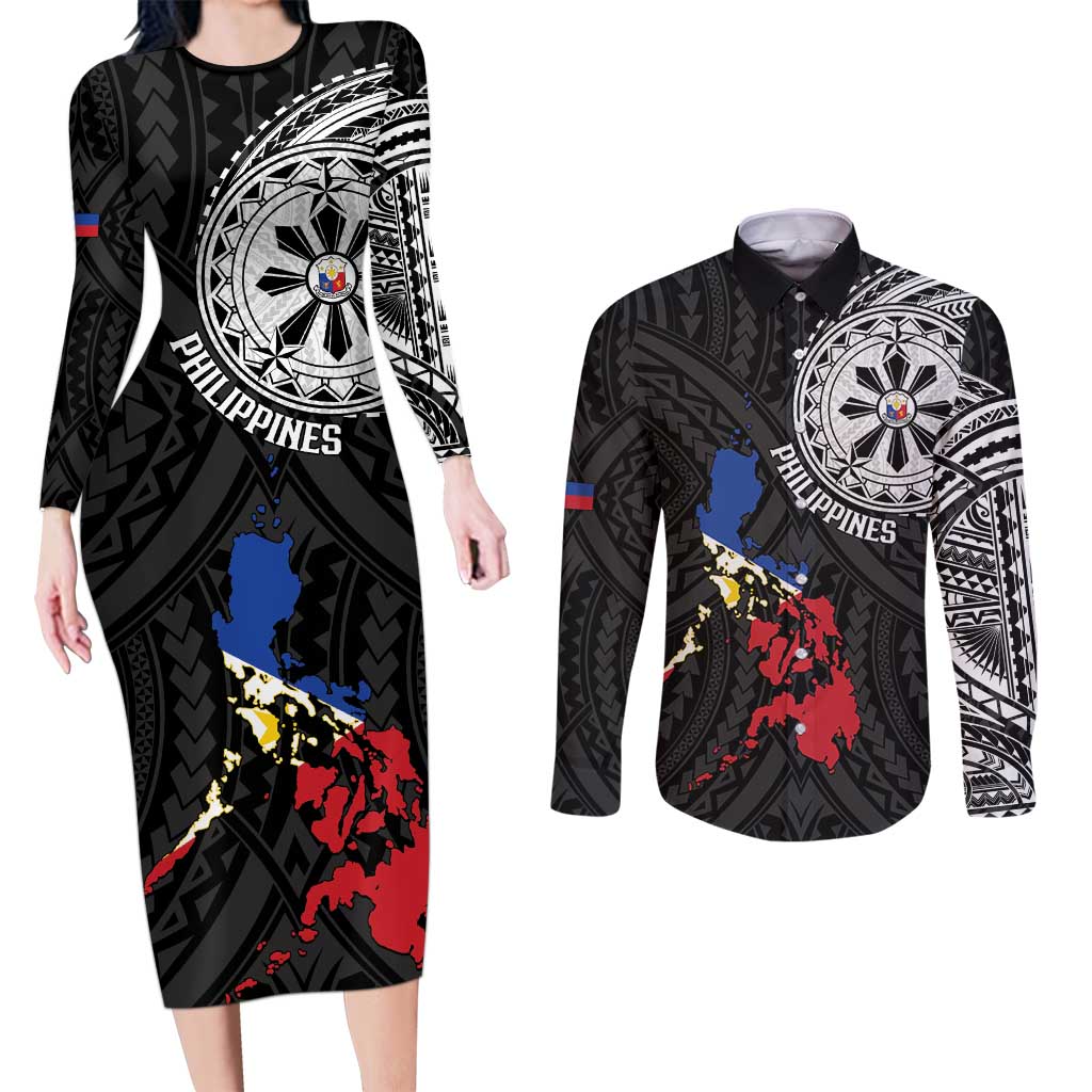 Philippines Strong Couples Matching Long Sleeve Bodycon Dress and Long Sleeve Button Shirt Filipino Map Polynesian Tattoo LT14 Black - Polynesian Pride