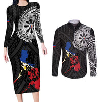 Philippines Strong Couples Matching Long Sleeve Bodycon Dress and Long Sleeve Button Shirt Filipino Map Polynesian Tattoo LT14 Black - Polynesian Pride