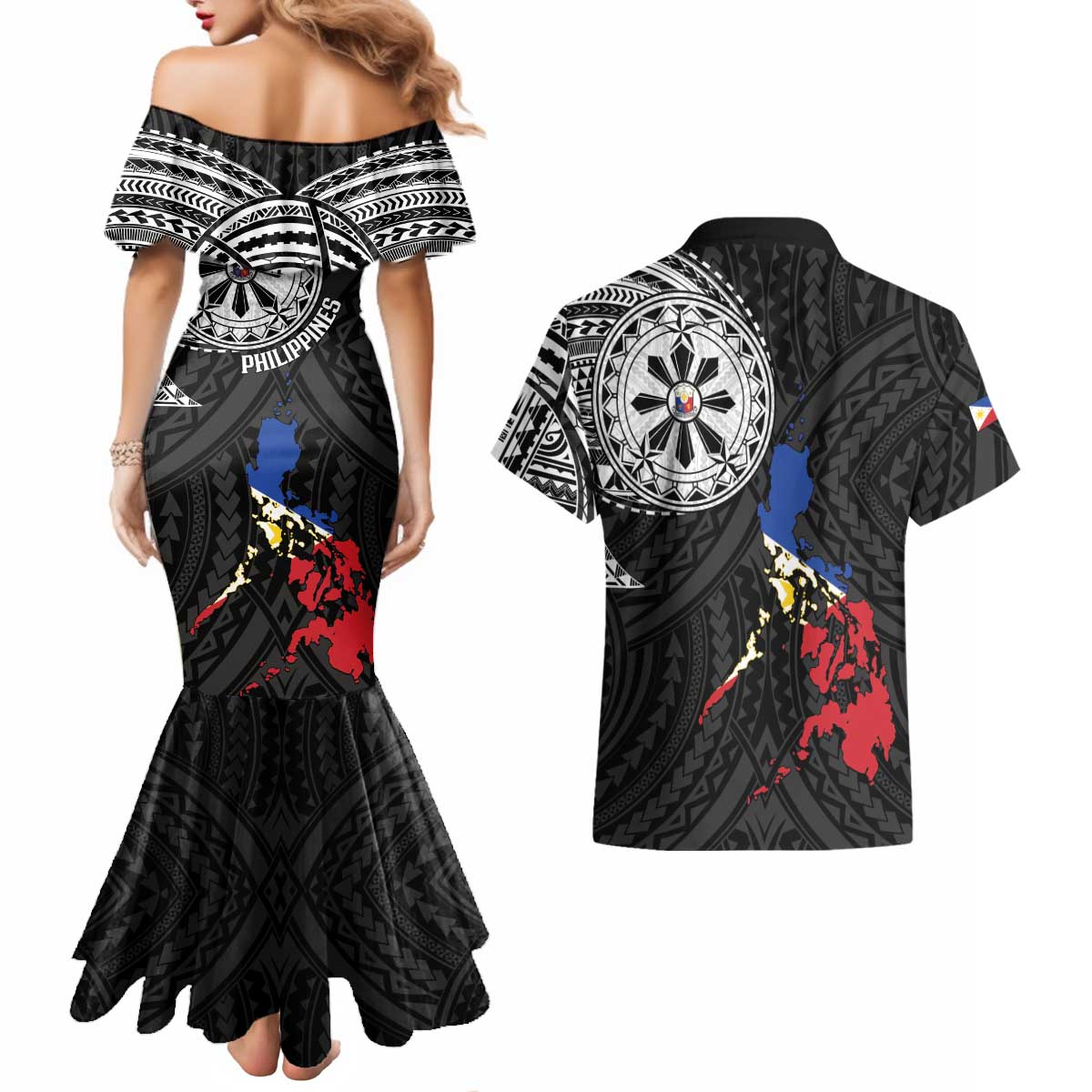 Philippines Strong Couples Matching Mermaid Dress and Hawaiian Shirt Filipino Map Polynesian Tattoo - Polynesian Pride