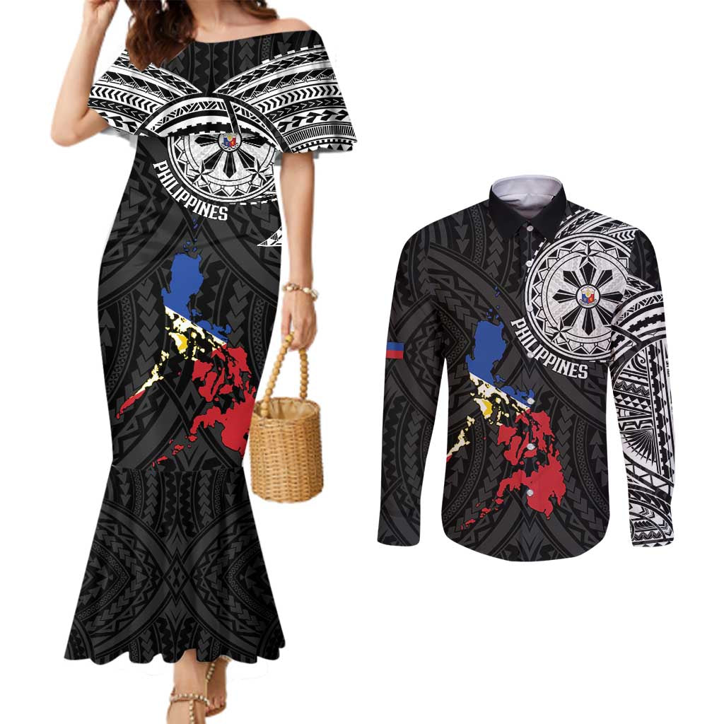Philippines Strong Couples Matching Mermaid Dress and Long Sleeve Button Shirt Filipino Map Polynesian Tattoo - Polynesian Pride