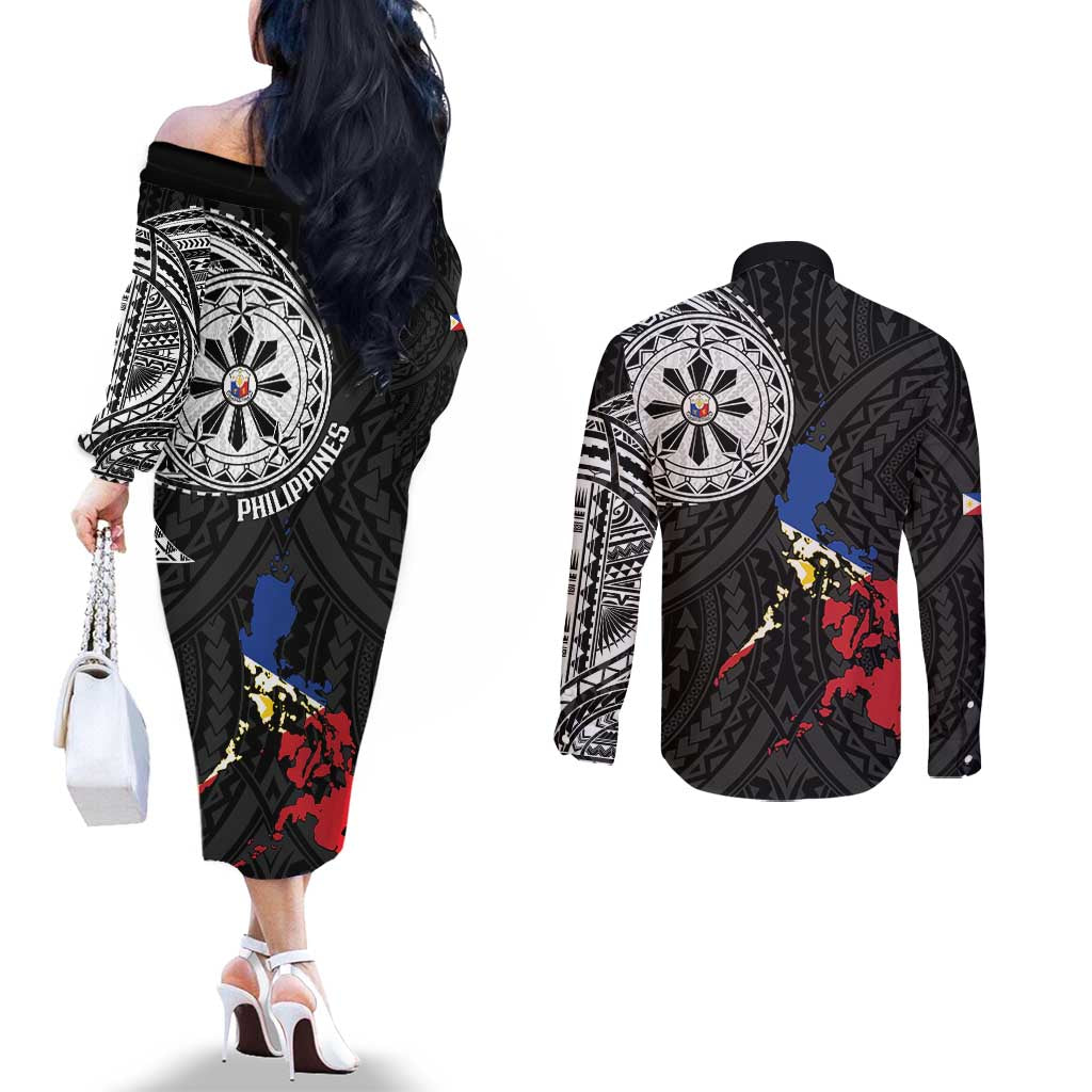Philippines Strong Couples Matching Off The Shoulder Long Sleeve Dress and Long Sleeve Button Shirt Filipino Map Polynesian Tattoo - Polynesian Pride