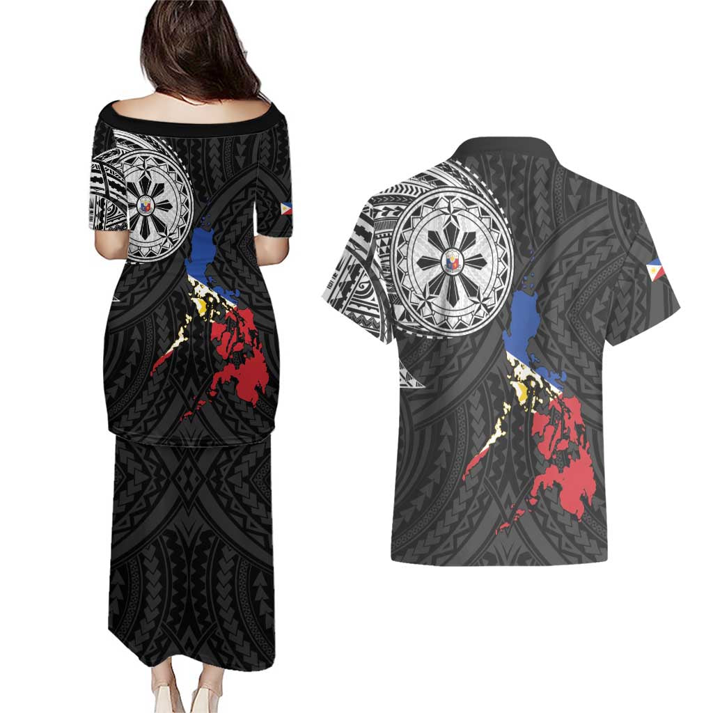 Philippines Strong Couples Matching Puletasi and Hawaiian Shirt Filipino Map Polynesian Tattoo - Polynesian Pride