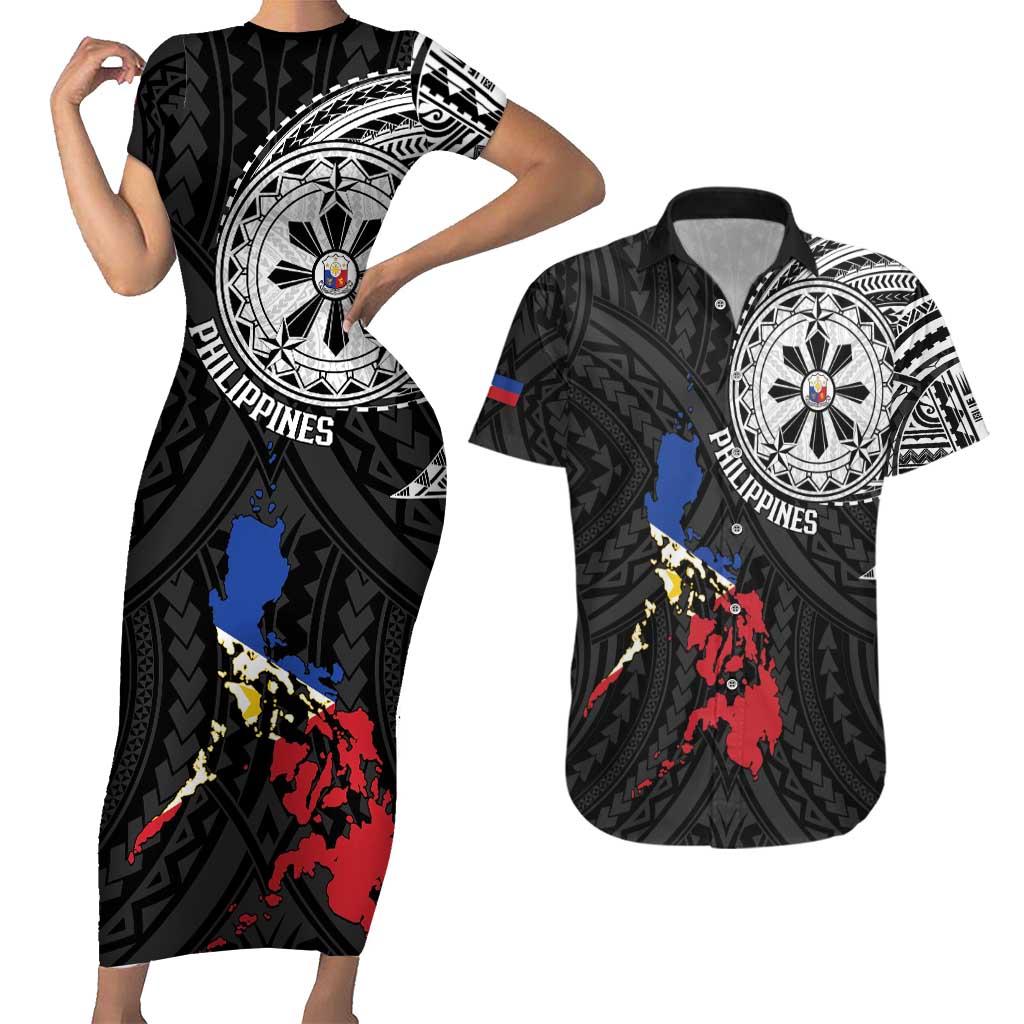 Philippines Strong Couples Matching Short Sleeve Bodycon Dress and Hawaiian Shirt Filipino Map Polynesian Tattoo - Polynesian Pride