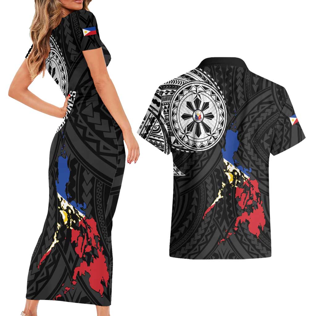 Philippines Strong Couples Matching Short Sleeve Bodycon Dress and Hawaiian Shirt Filipino Map Polynesian Tattoo - Polynesian Pride