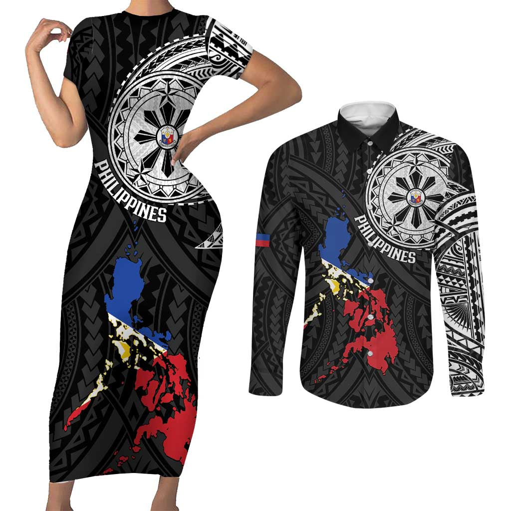 Philippines Strong Couples Matching Short Sleeve Bodycon Dress and Long Sleeve Button Shirt Filipino Map Polynesian Tattoo LT14 Black - Polynesian Pride