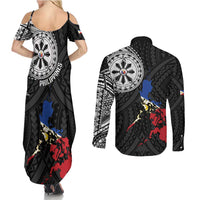 Philippines Strong Couples Matching Summer Maxi Dress and Long Sleeve Button Shirt Filipino Map Polynesian Tattoo - Polynesian Pride