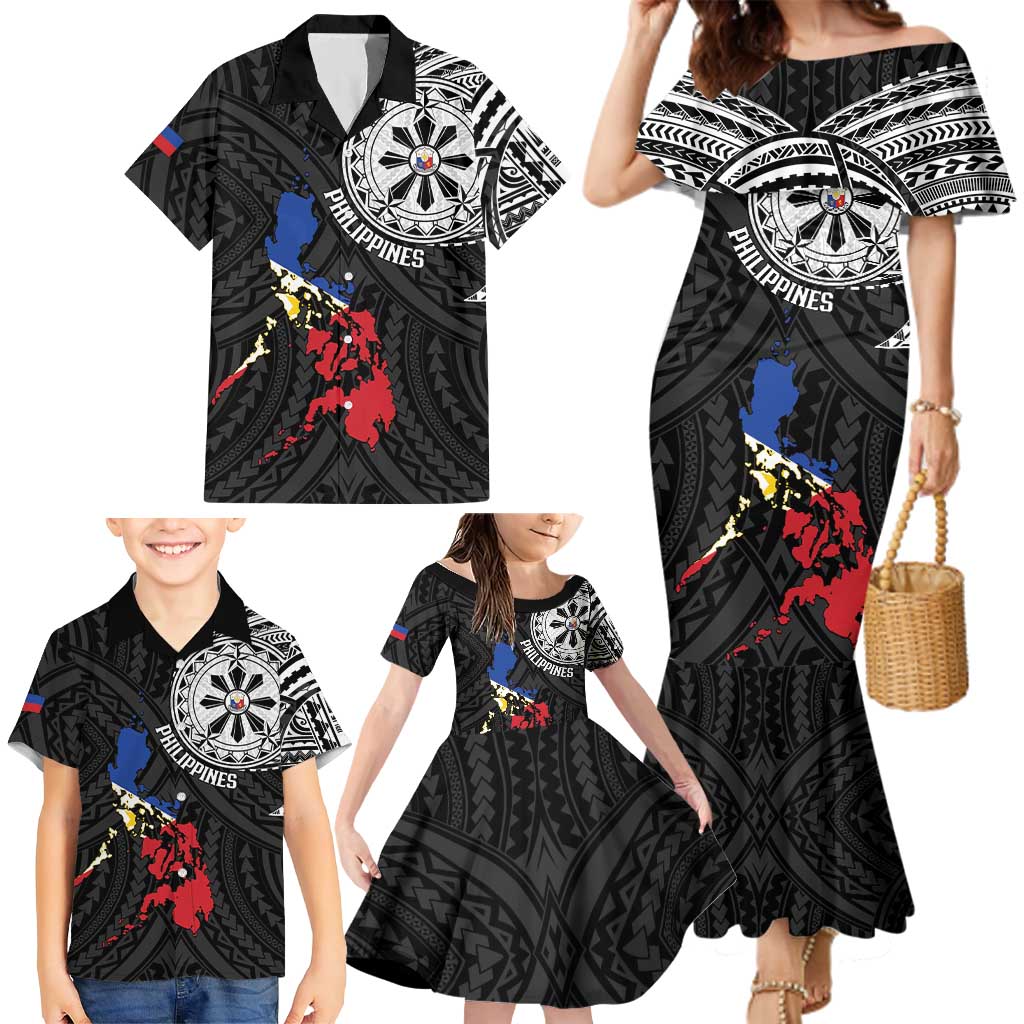 Philippines Strong Family Matching Mermaid Dress and Hawaiian Shirt Filipino Map Polynesian Tattoo LT14 - Polynesian Pride