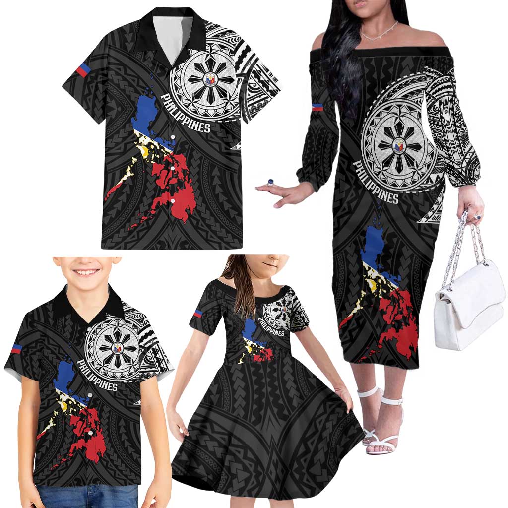 Philippines Strong Family Matching Off The Shoulder Long Sleeve Dress and Hawaiian Shirt Filipino Map Polynesian Tattoo LT14 - Polynesian Pride
