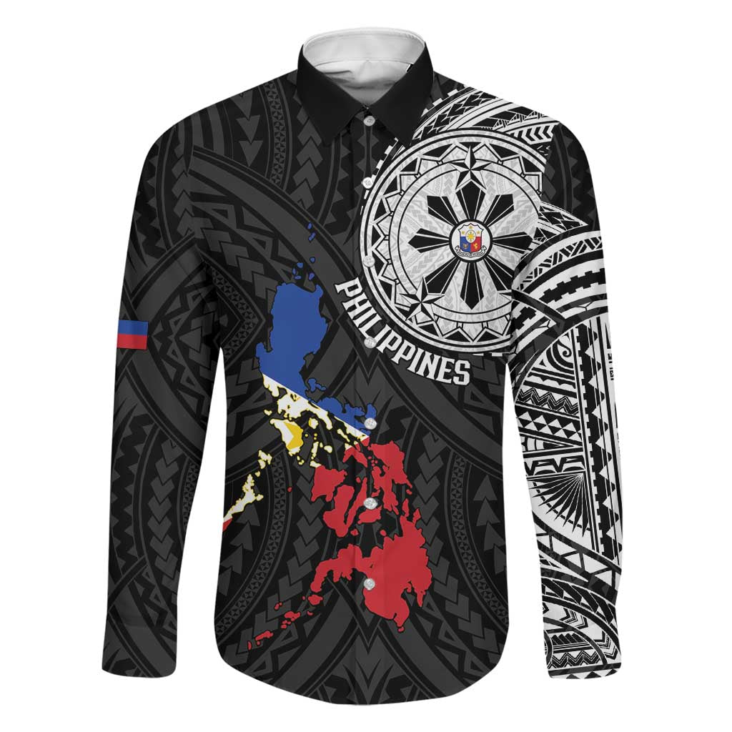 Philippines Strong Family Matching Off The Shoulder Long Sleeve Dress and Hawaiian Shirt Filipino Map Polynesian Tattoo LT14 Dad's Shirt - Long Sleeve Black - Polynesian Pride