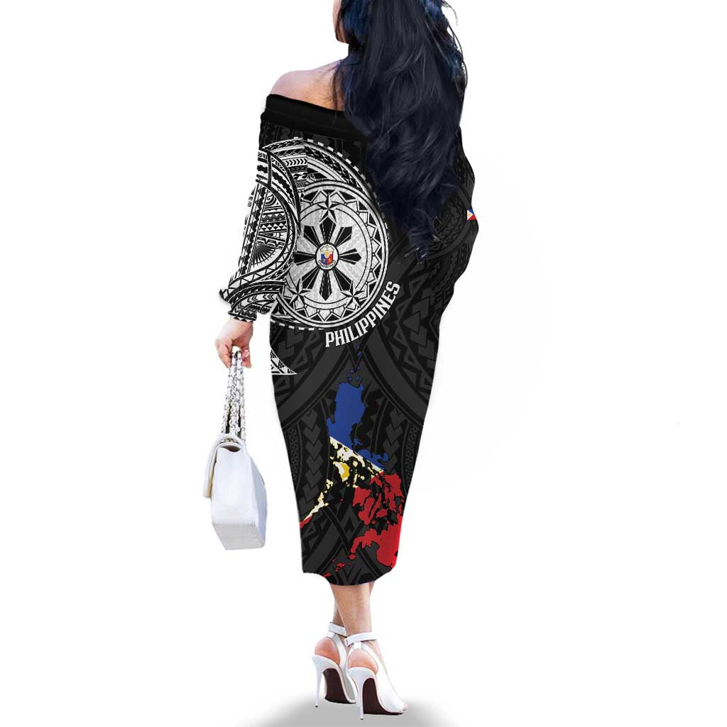 Philippines Strong Family Matching Off The Shoulder Long Sleeve Dress and Hawaiian Shirt Filipino Map Polynesian Tattoo LT14 - Polynesian Pride