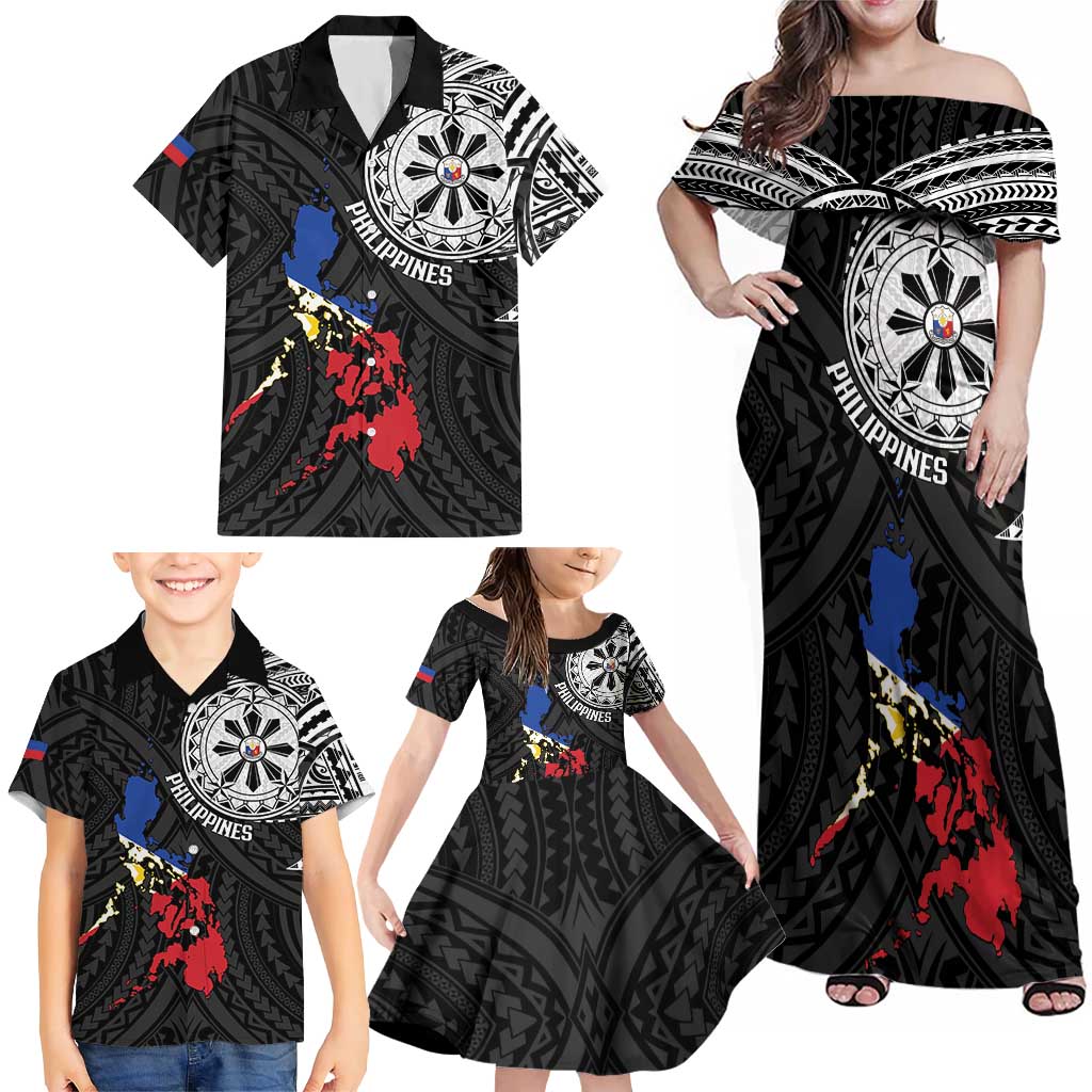 Philippines Strong Family Matching Off Shoulder Maxi Dress and Hawaiian Shirt Filipino Map Polynesian Tattoo - Polynesian Pride