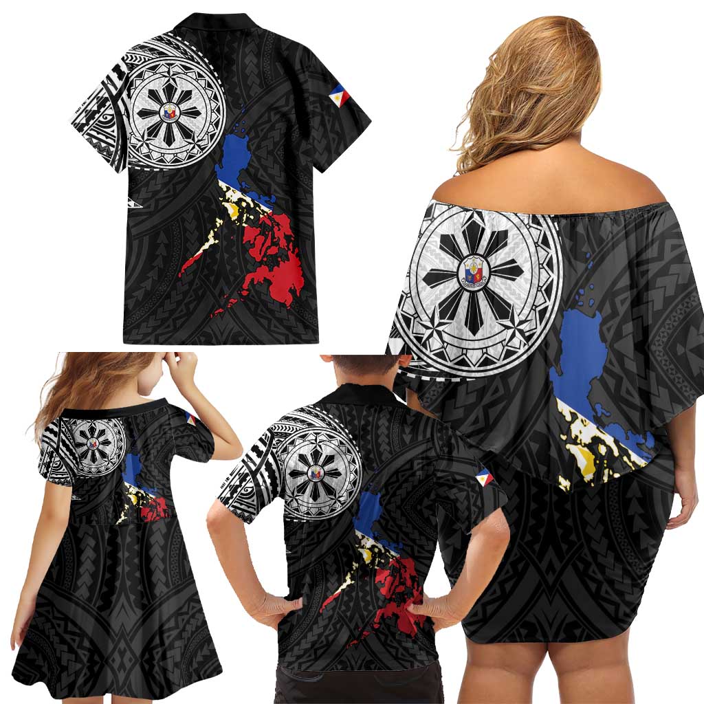 Philippines Strong Family Matching Off Shoulder Short Dress and Hawaiian Shirt Filipino Map Polynesian Tattoo - Polynesian Pride