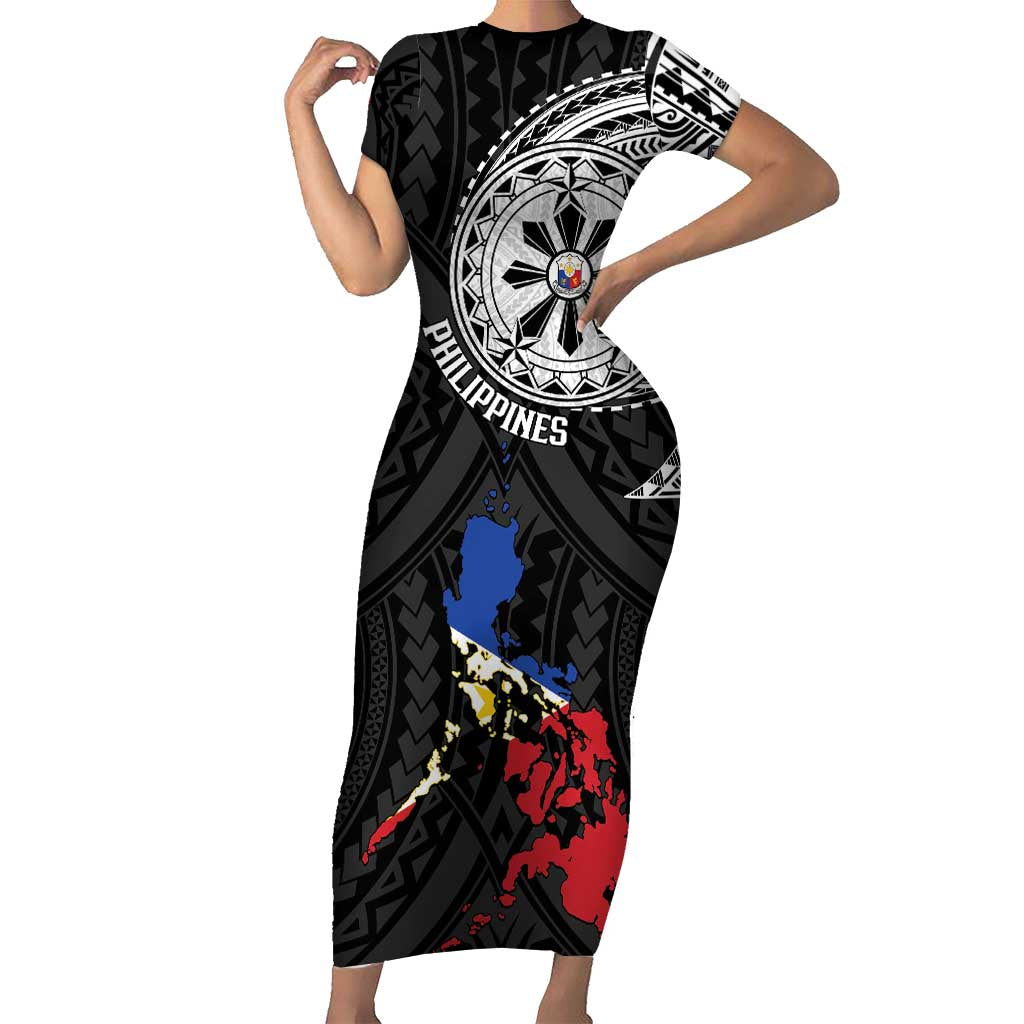 Philippines Strong Family Matching Short Sleeve Bodycon Dress and Hawaiian Shirt Filipino Map Polynesian Tattoo LT14 Mom's Dress Black - Polynesian Pride