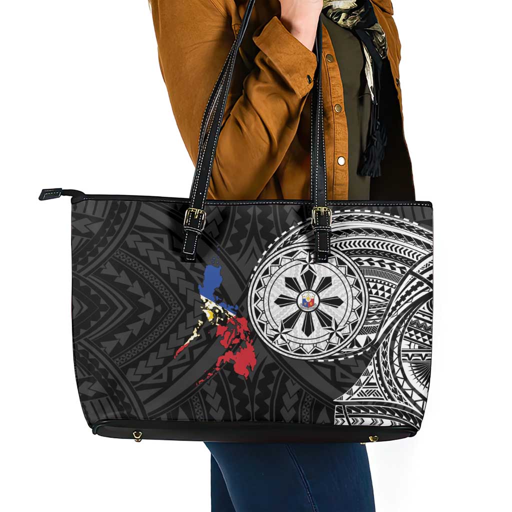 Philippines Strong Leather Tote Bag Filipino Map Polynesian Tattoo - Polynesian Pride