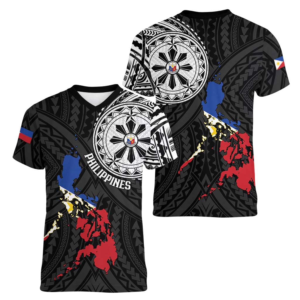 Philippines Strong Women V-Neck T-Shirt Filipino Map Polynesian Tattoo - Polynesian Pride