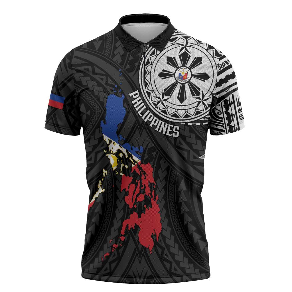 Philippines Strong Zipper Polo Shirt Filipino Map Polynesian Tattoo - Polynesian Pride