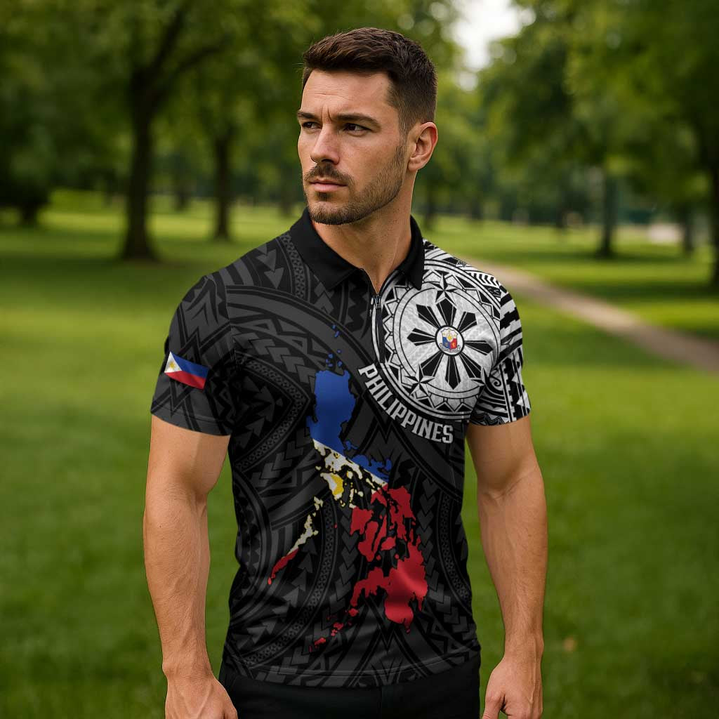 Philippines Strong Zipper Polo Shirt Filipino Map Polynesian Tattoo - Polynesian Pride