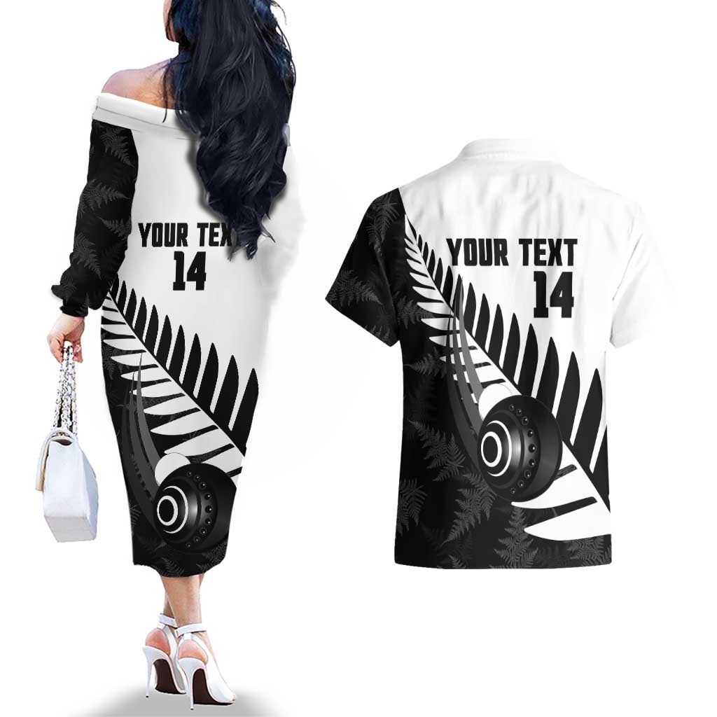 New Zealand Lawn Bowls Custom Couples Matching Off The Shoulder Long Sleeve Dress and Hawaiian Shirt Aotearoa Silver Fern - Polynesian Pride