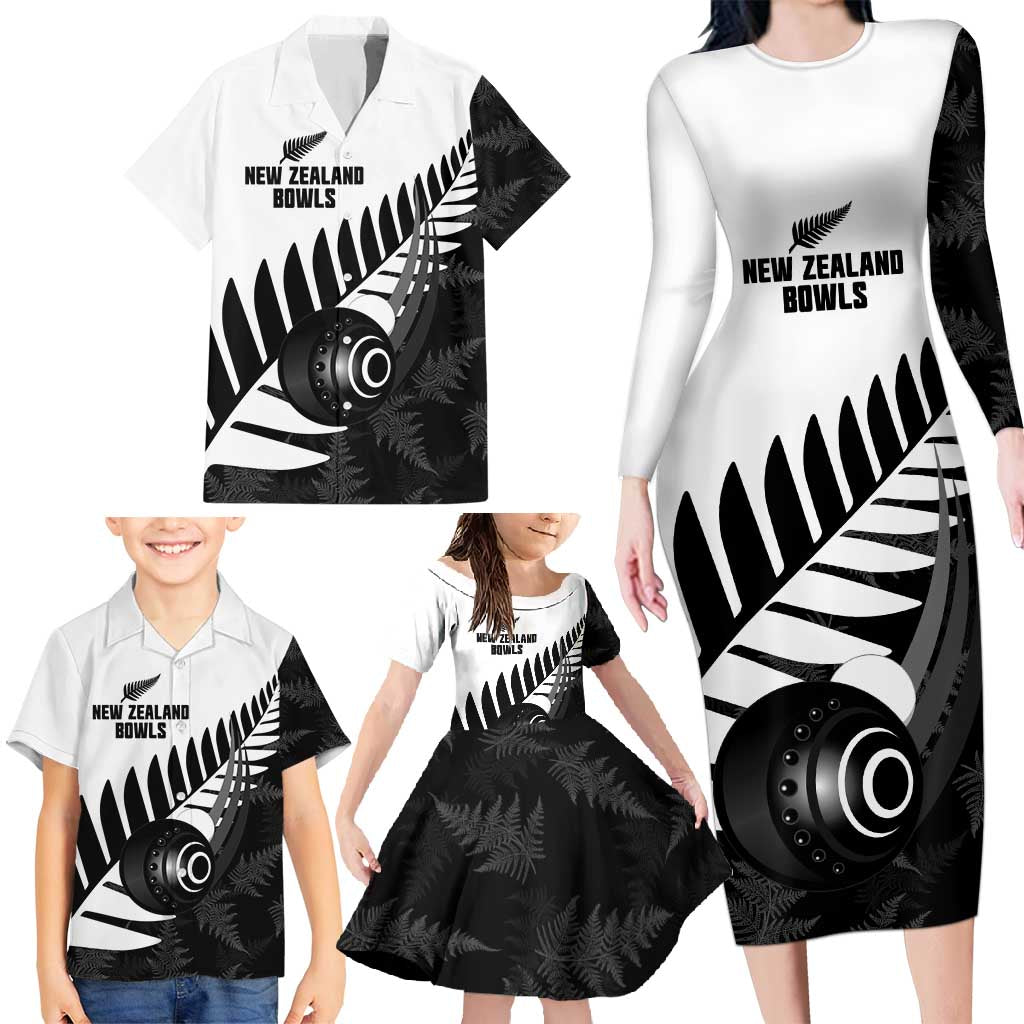 New Zealand Lawn Bowls Custom Family Matching Long Sleeve Bodycon Dress and Hawaiian Shirt Aotearoa Silver Fern - Polynesian Pride