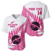 New Zealand Lawn Bowls Breast Cancer Custom Baseball Jersey Aotearoa Maori Silver Fern Pink Ribbon - Polynesian Pride